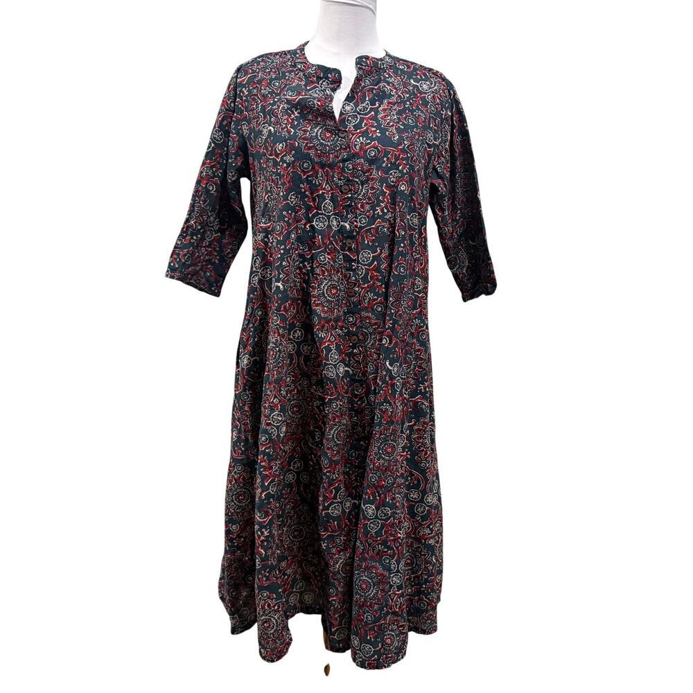 Sangria 100% Cotton Midi Dress Women Medium Blue Red Paisley Button Front India